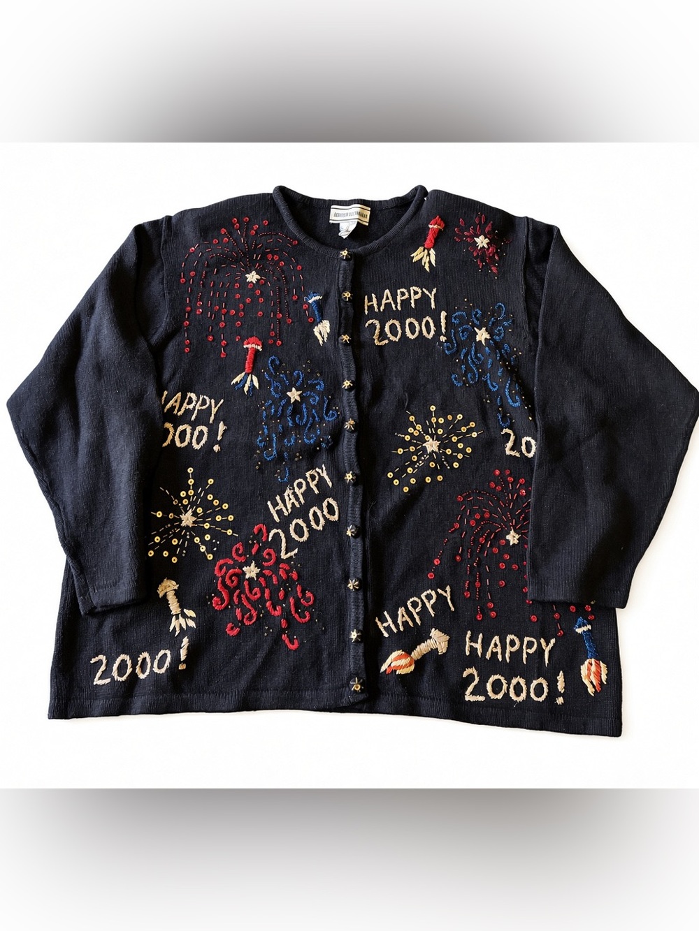 August Max Woman 'Happy 2000' Embroidered Firework Cardigan SZ 2X VTG Y2K